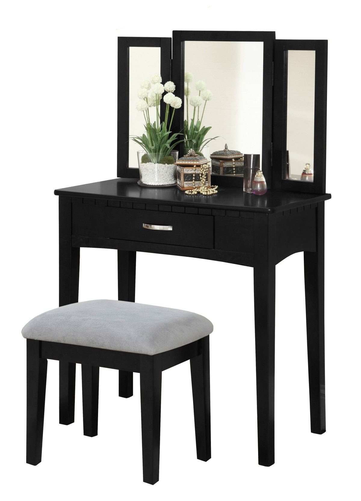 Lynn 1-Drawer Black Dressing Table Makeup Vanity Set with Stool and Mirror H8U3 - product image 3