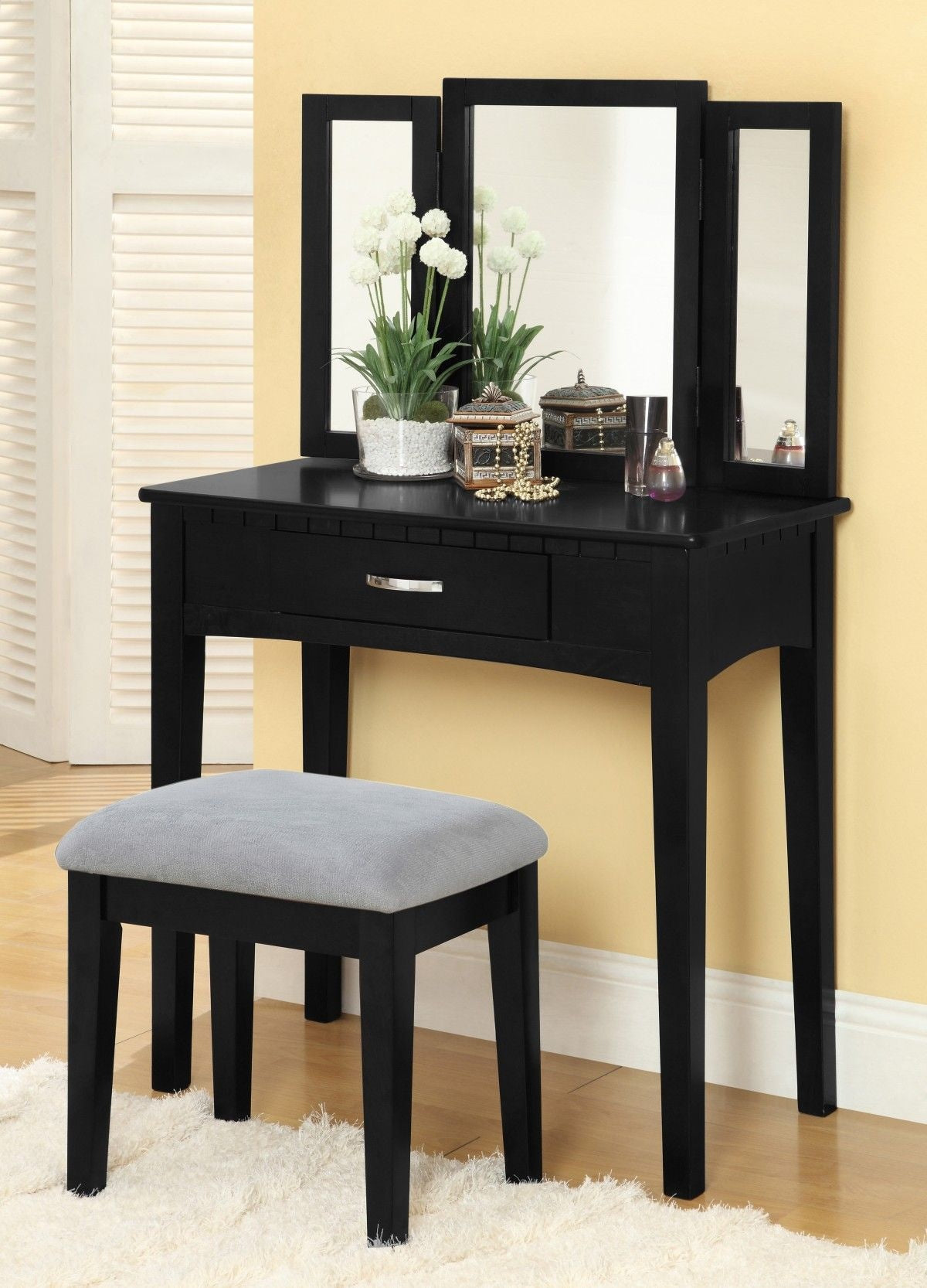 Lynn 1-Drawer Black Dressing Table Makeup Vanity Set with Stool and Mirror H8U3 - product image 4