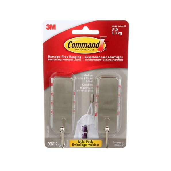 Medium Decorative Hooks with Adhesive Strips, Brushed Nickel, 3-lbs, 2 Strips per Pack Z0I7 - product image 1