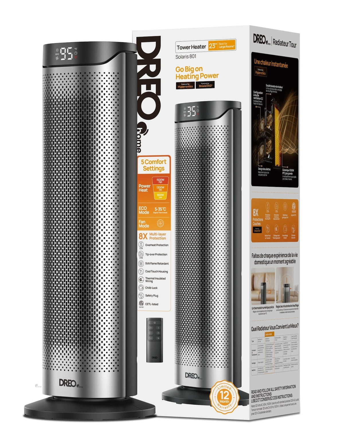 Home 1500W PTC Convection Oscillating Ceramic Electric Tower Heater, 23-in Q4M3 - product image 2