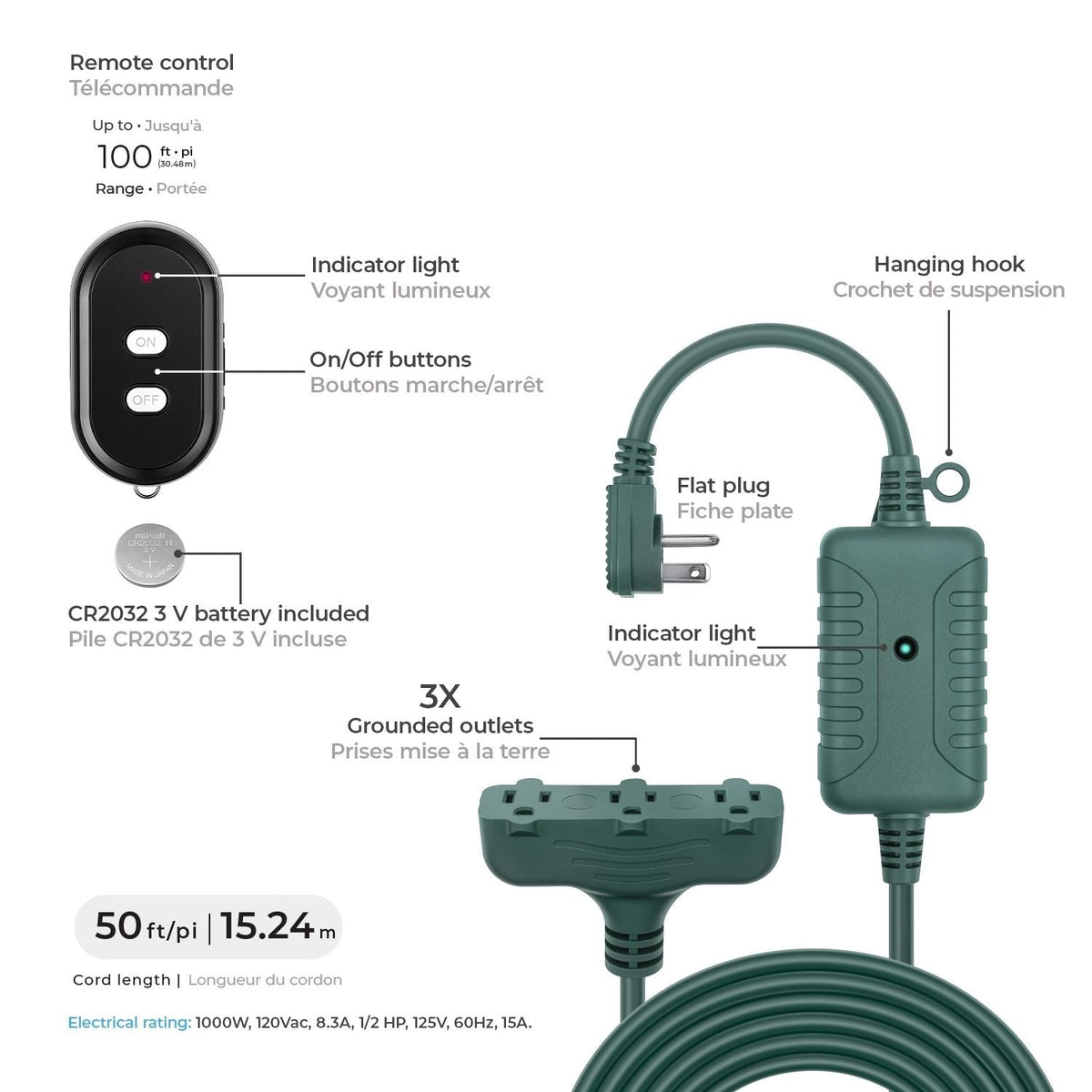 Electric 50-ft 14/3 Outdoor Power Cord with Wireless Remote & 3 Grounded Outlets, Green S4F2 - product image 6