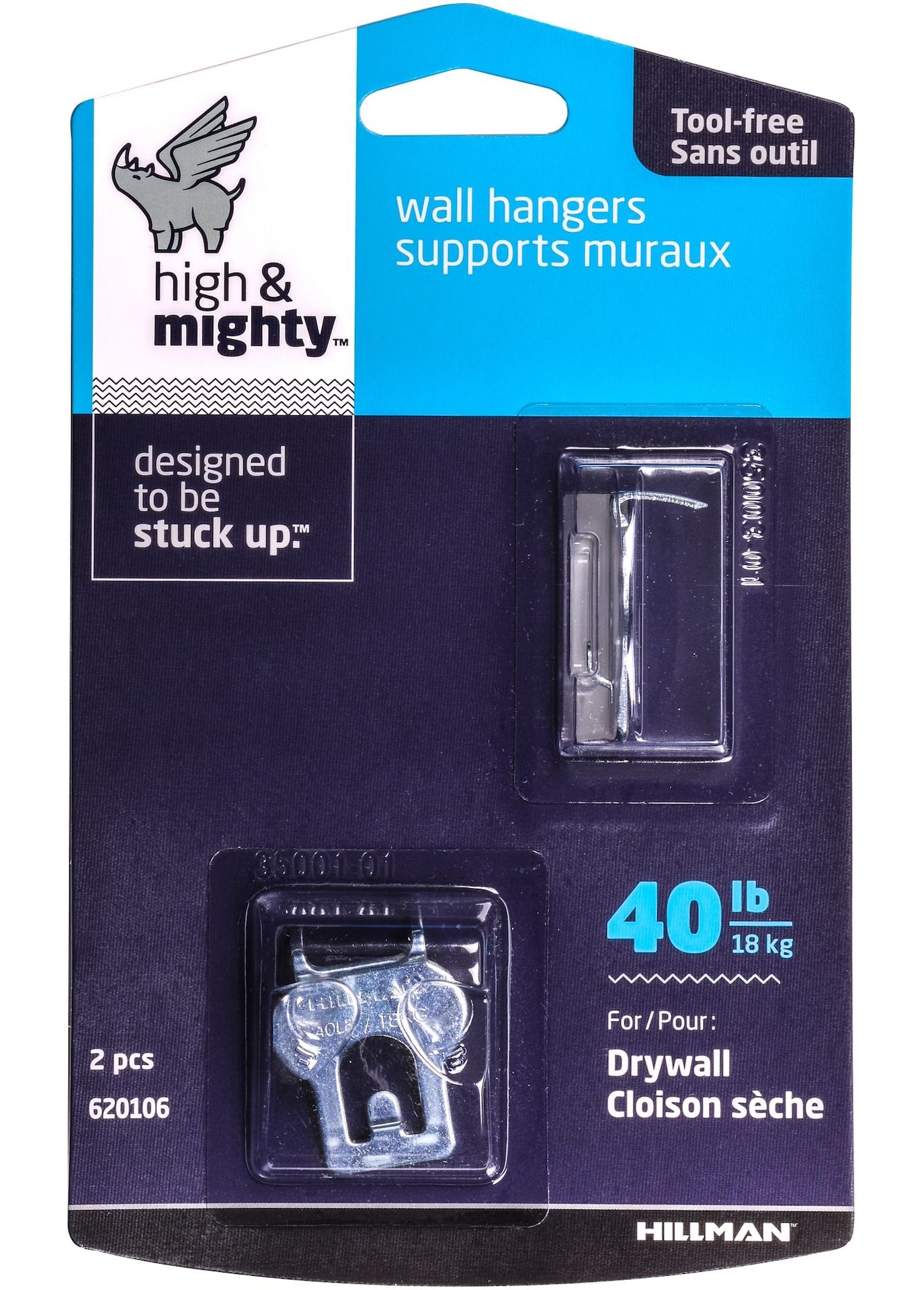 High & Mighty Canvas WAll Hanger, Easy to Remove, 40-lb Capacity, Silver, 2-pk T2P2 - product image 1