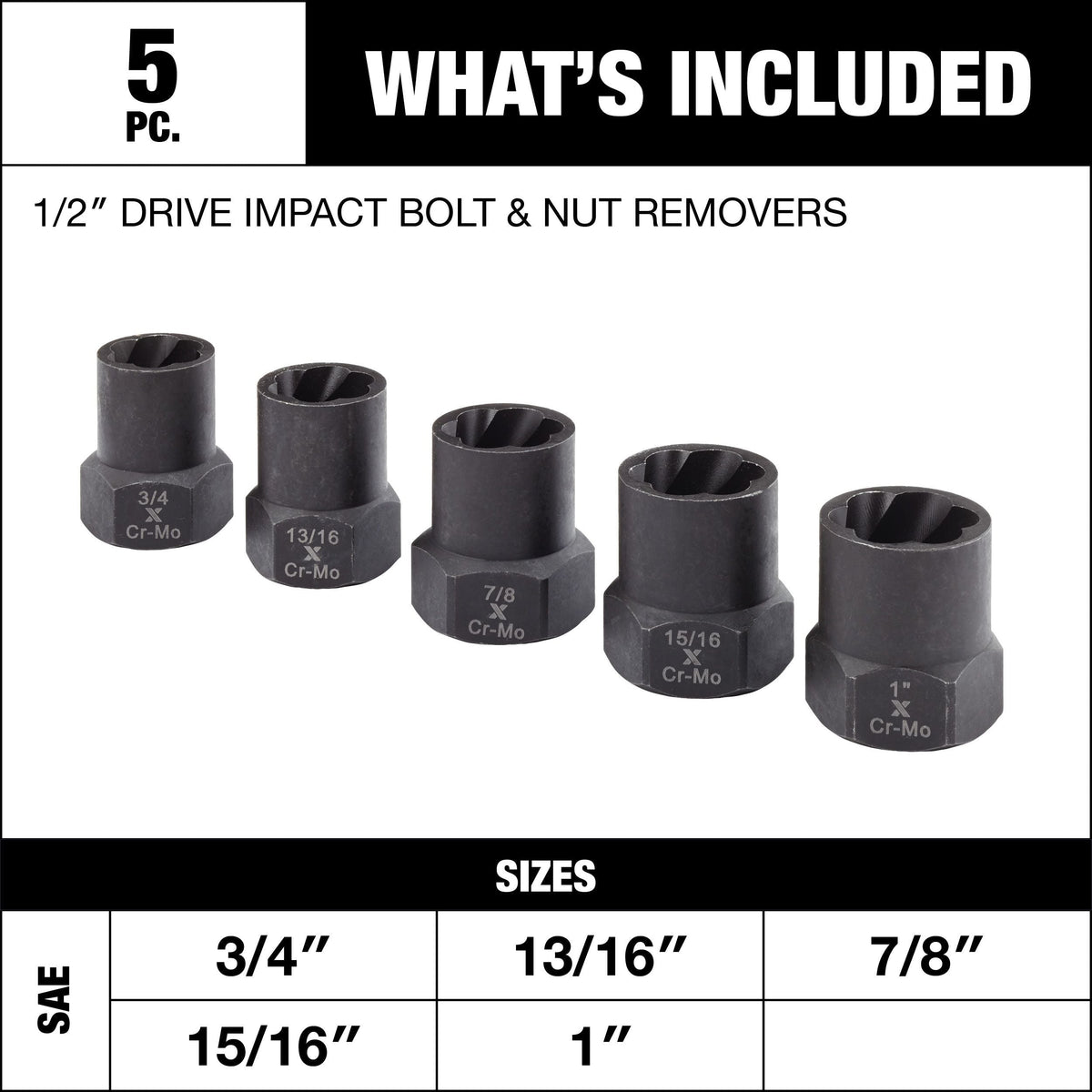 1/2-in Drive Impact Bolt & Nut Remover Set, 5-pc V9H2 - product image 3