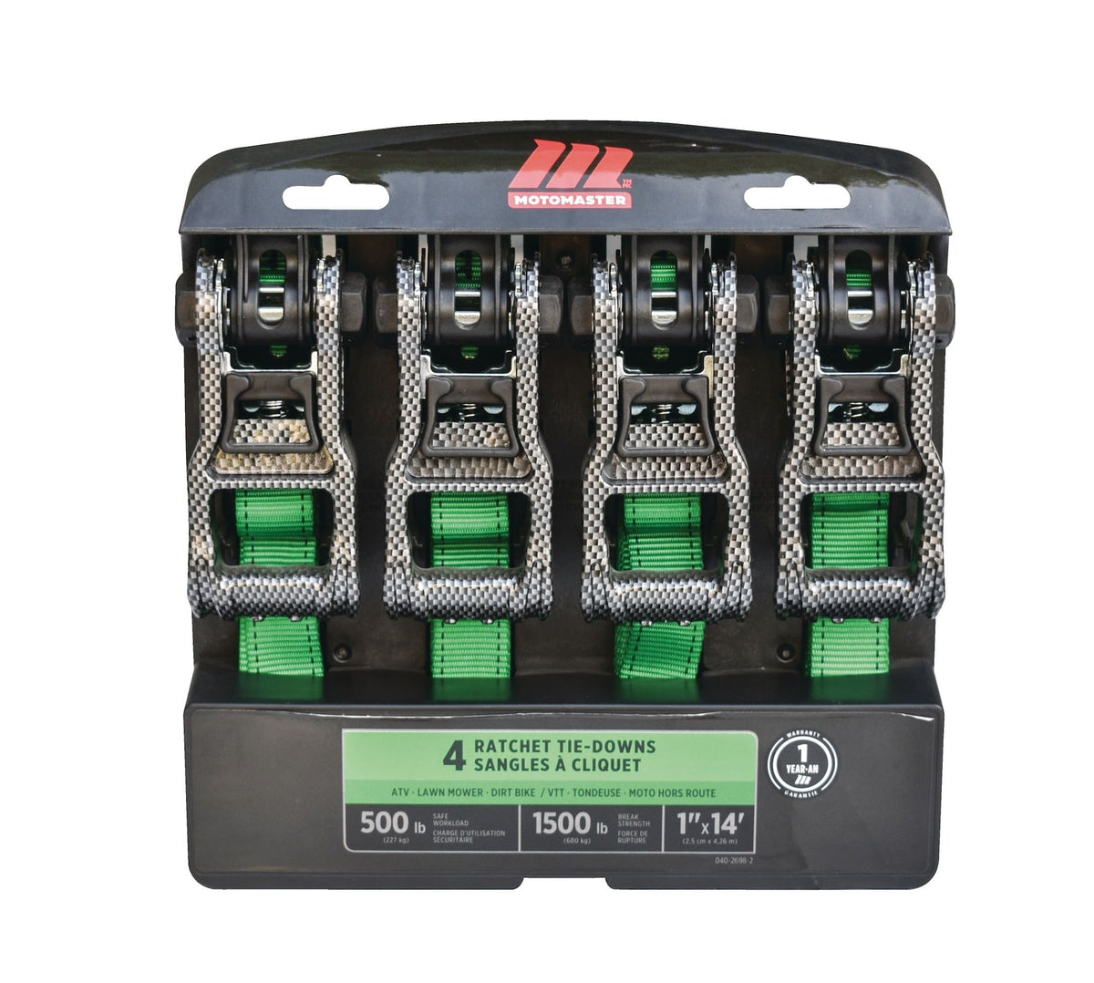 1,500-lb Carbon Ratchet Tie Downs, Weatherproof, 1-in x 14-ft, 4-pk, Green V9V6 - product image 1