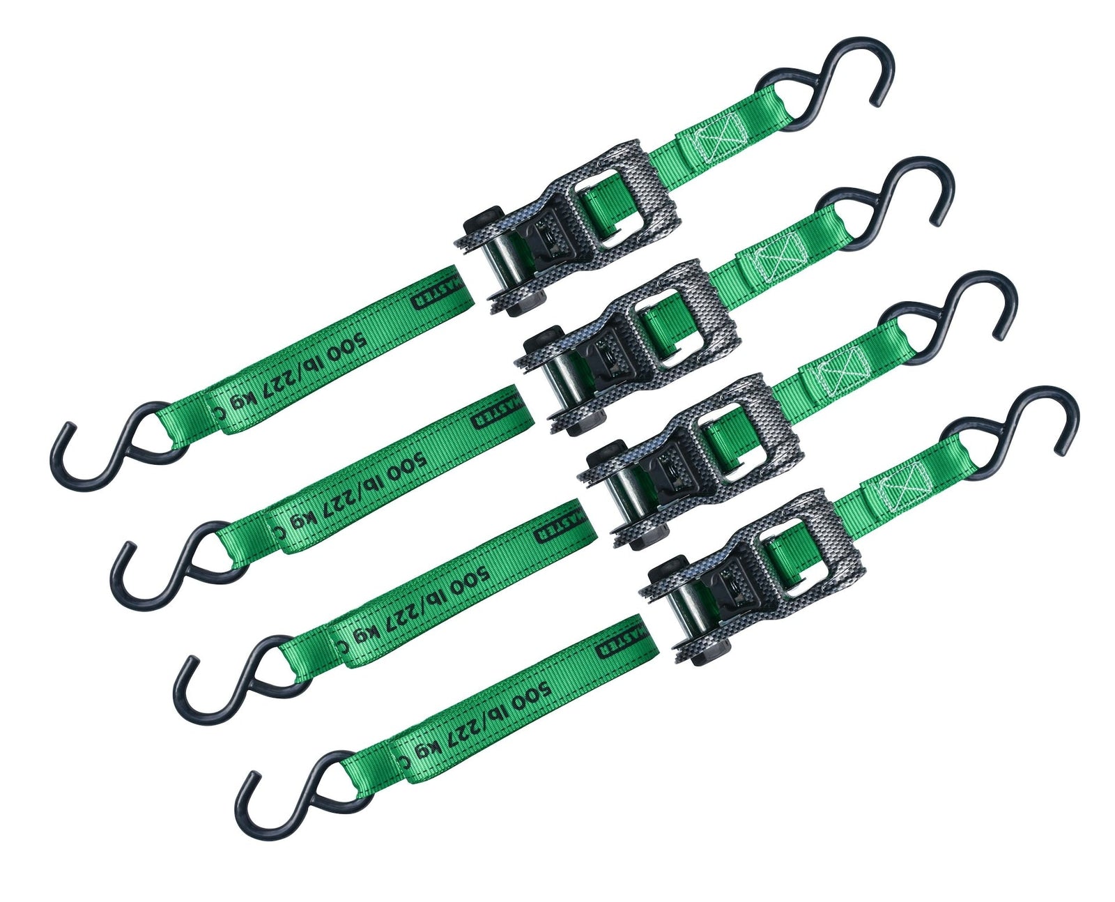 1,500-lb Carbon Ratchet Tie Downs, Weatherproof, 1-in x 14-ft, 4-pk, Green V9V6 - product image 2