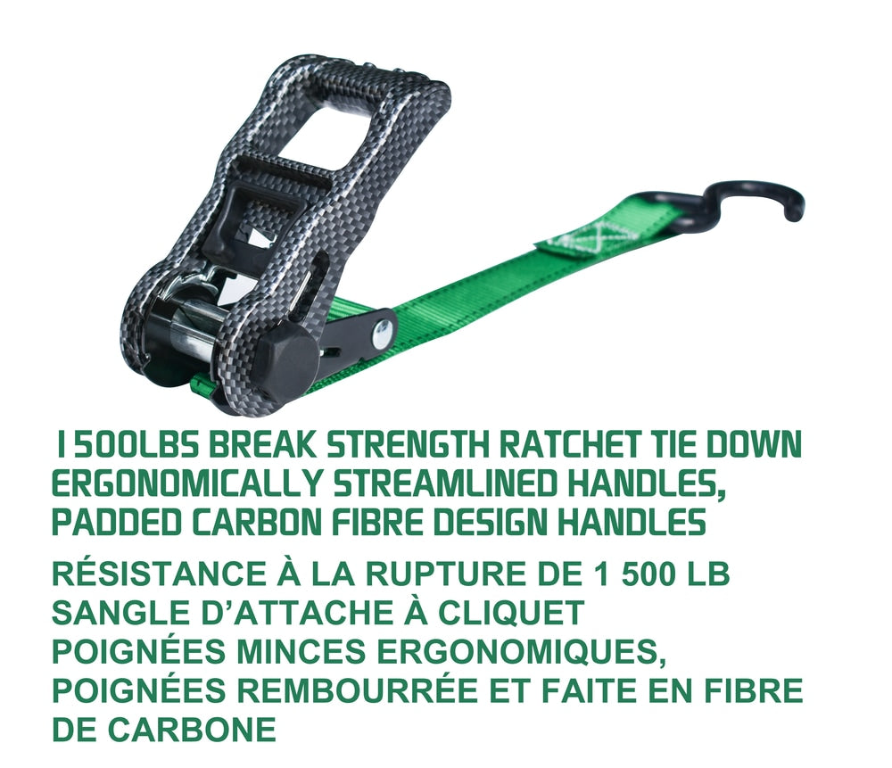 1,500-lb Carbon Ratchet Tie Downs, Weatherproof, 1-in x 14-ft, 4-pk, Green V9V6 - product image 4