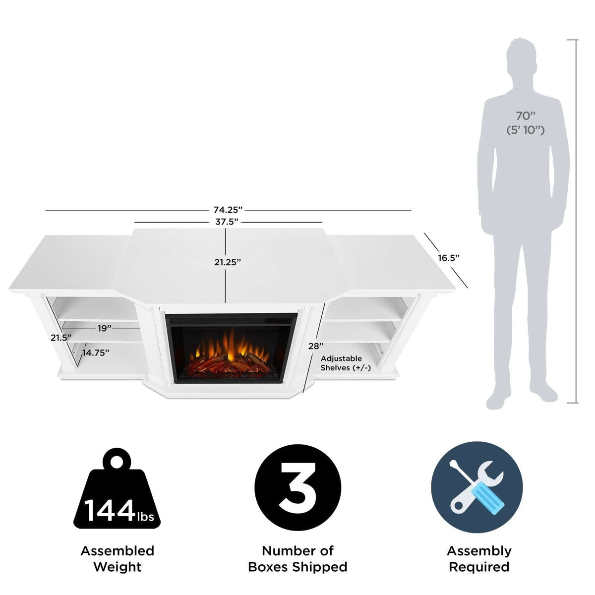 Flame Valmont Media Indoor Electric Fireplace TV Stand, 74-in, 1500W, Includes Remote Control & Firebox, White A2Y3 - product image 6