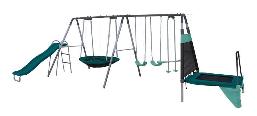 Outdoor Ravine Metal Swing Set Combo, 2 Swings, Glider, Trampoline & Saucer K7S3 - product image 1