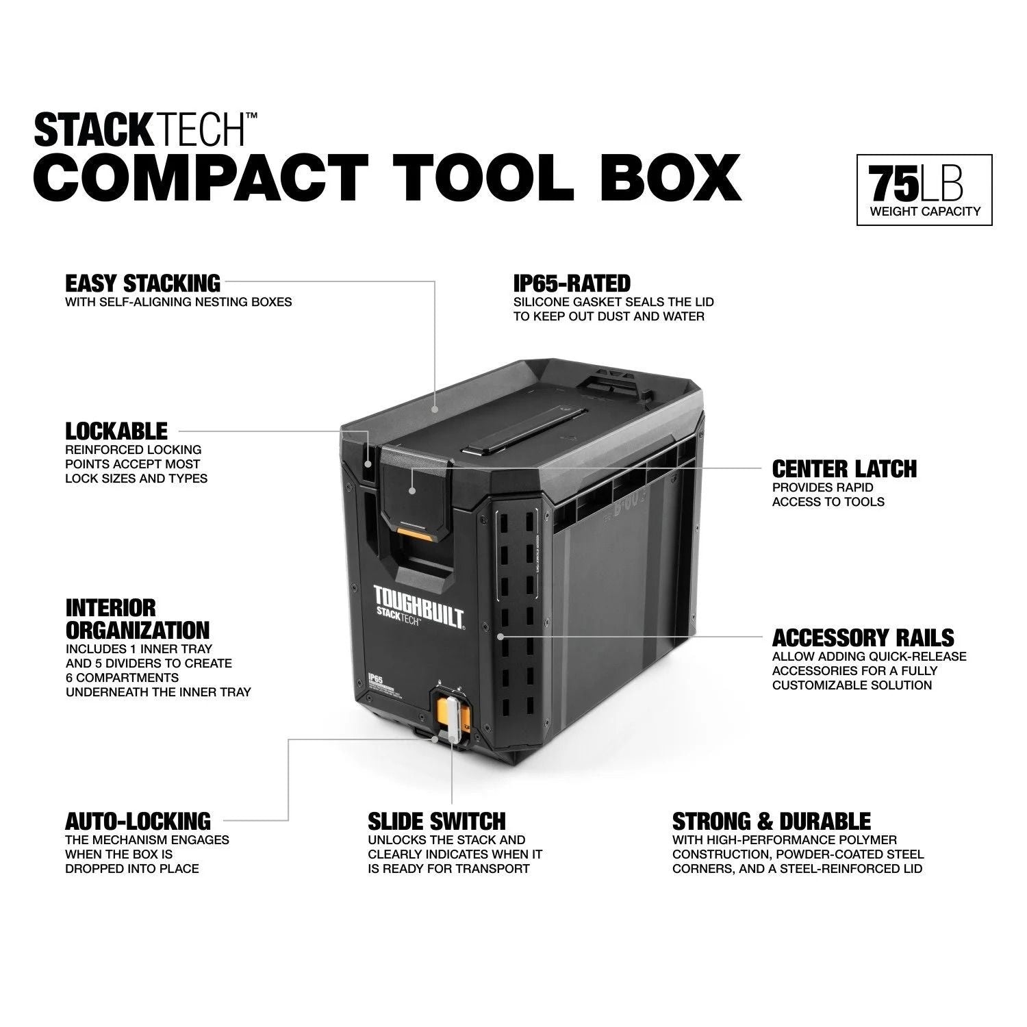 StackTech Half Portable Modular Plastic/Metal Tool Box with Inner Tray and 5 Dividers, IP65-Rated, Black H3M3 - product image 2