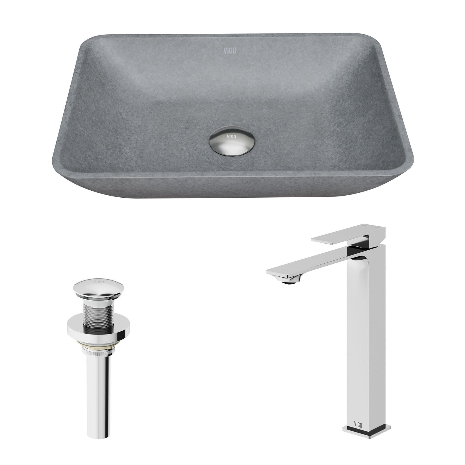 Duomo Gothic ConcretoStone Grey Bathroom Sink/Basin Set with Dunn Faucet and Rectangular Vessel J6Y9 - product image 2