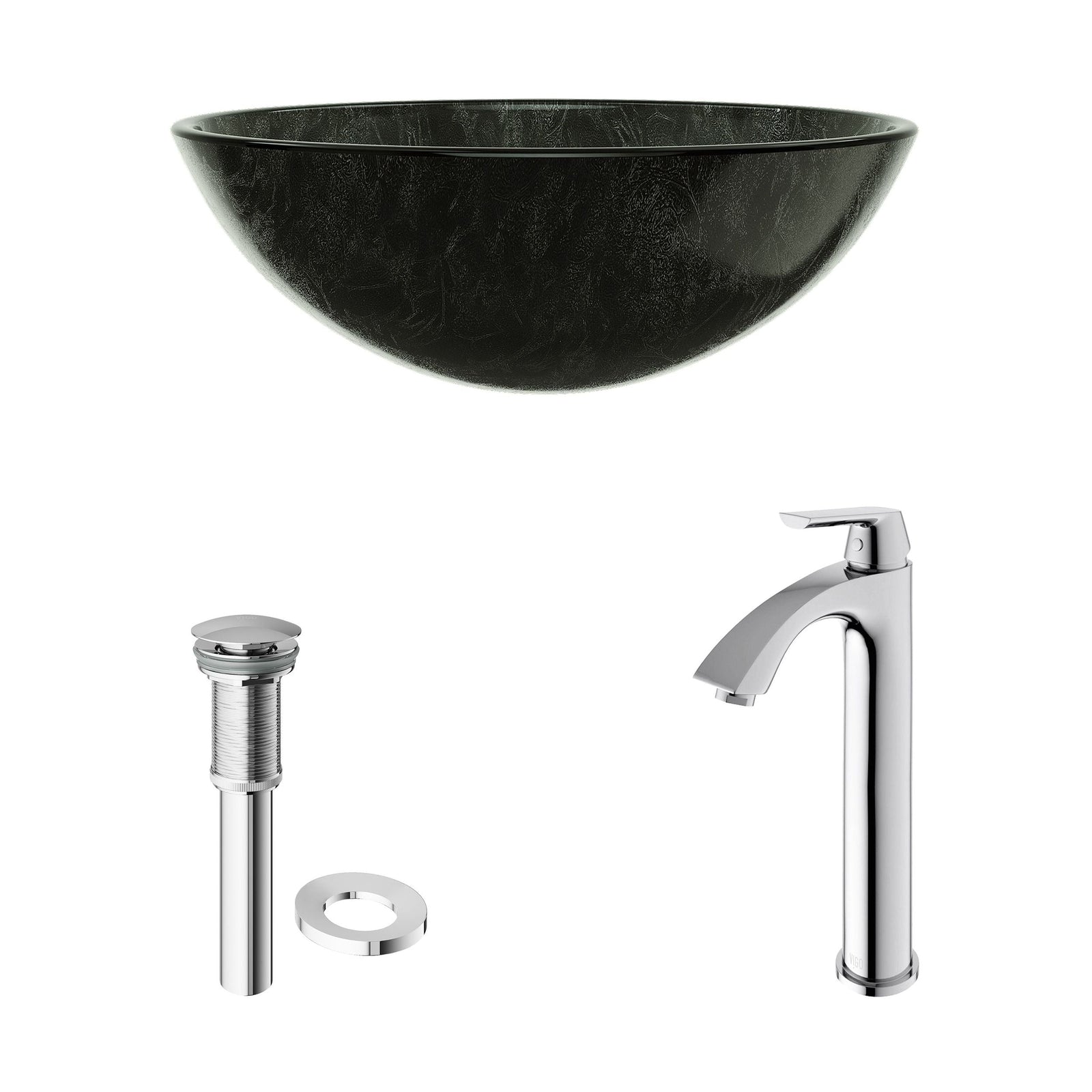 Glass Grey Onyx Bathroom Sink/Basin Set with Linus Faucet and Round Vessel G0D2 - product image 2