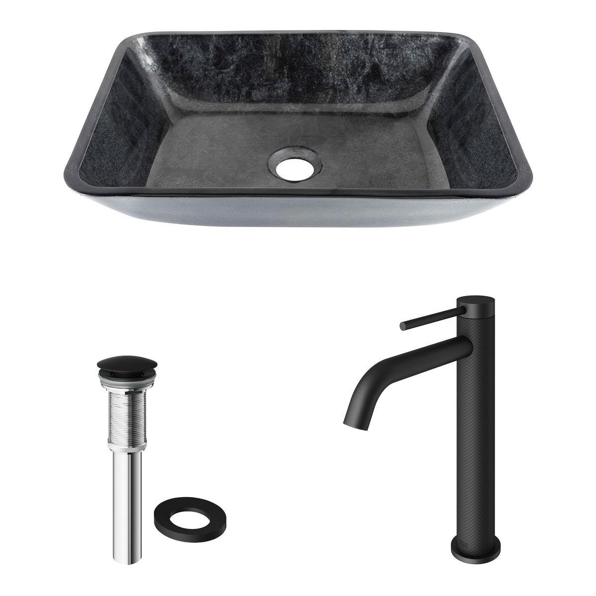 Glass Grey Onyx Bathroom Sink/Basin Set with Matte Black Lexington Faucet and Rectangular Vessel H0Z2 - product image 2