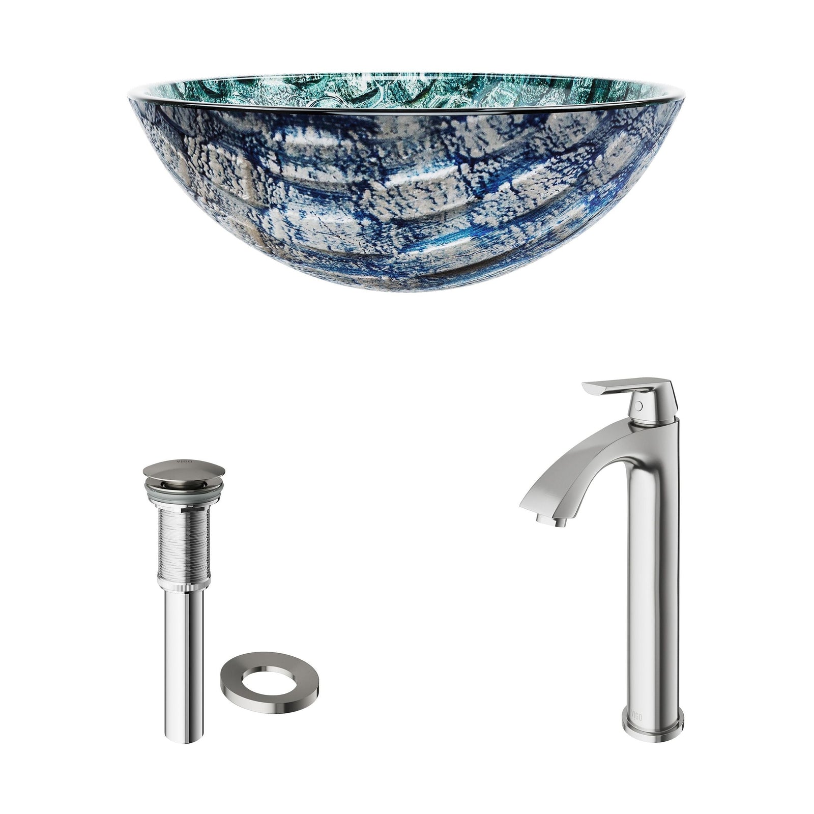 Glass Oceania Blue Bathroom Sink/Basin Set with Linus Faucet and Round Vessel X9O6 - product image 2