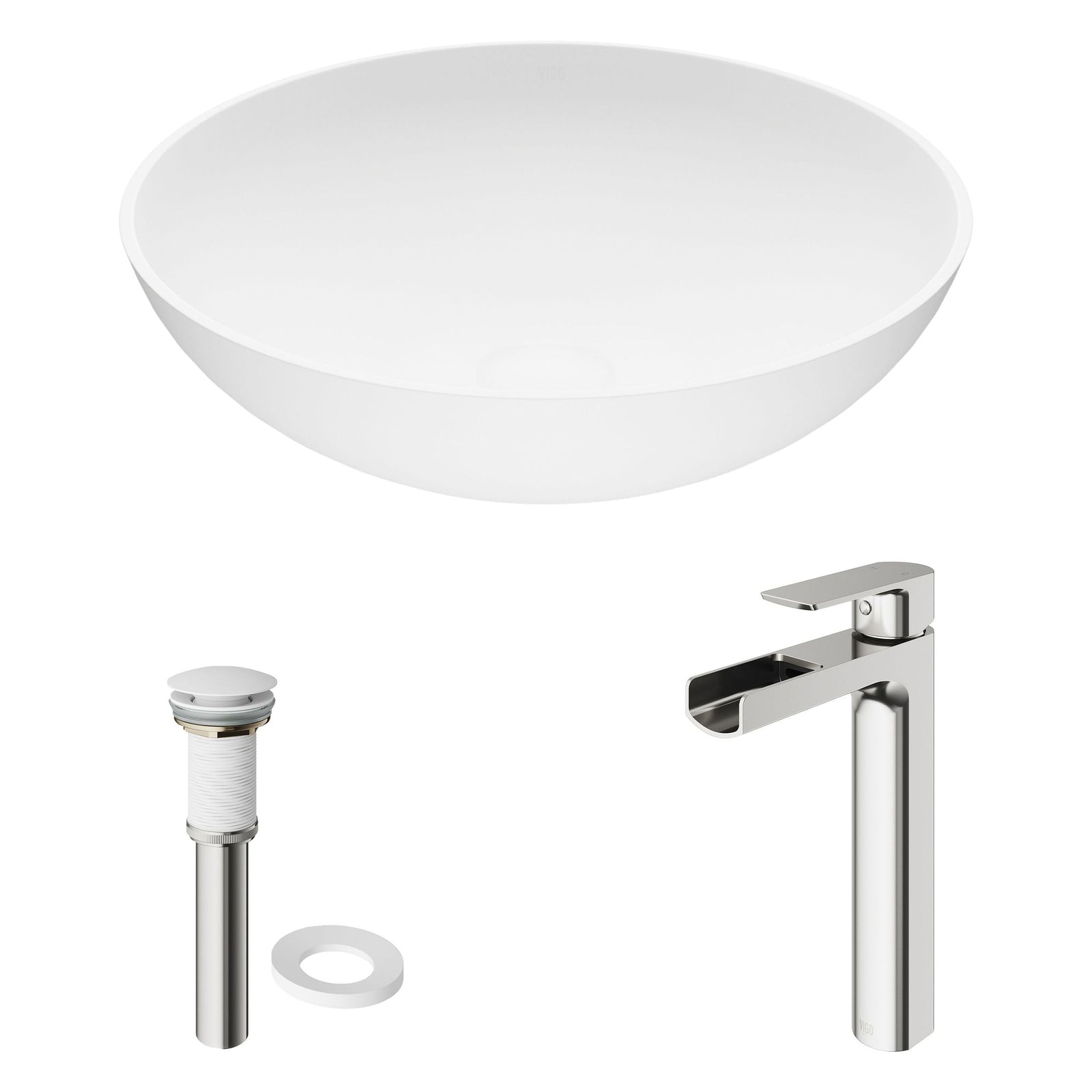 Lotus MatteStone Round White Composite Bathroom Sink/Basin Set with Amada Faucet and Pop-Up Drain G1C2 - product image 2