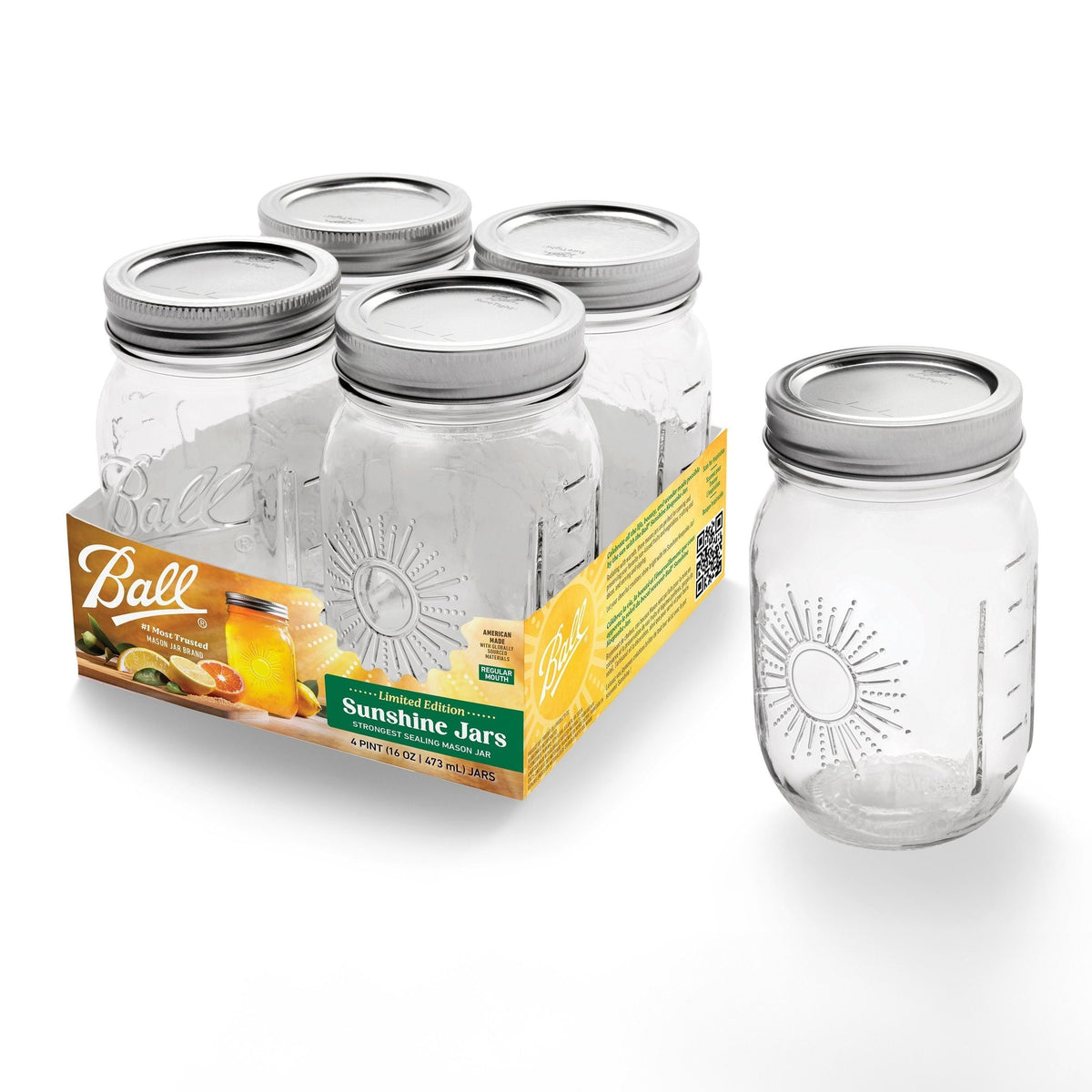 Ball Regular Mouth Sunshine Glass Mason Jar, 16-oz/473-mL, 4-pk K2K5 - product image 1