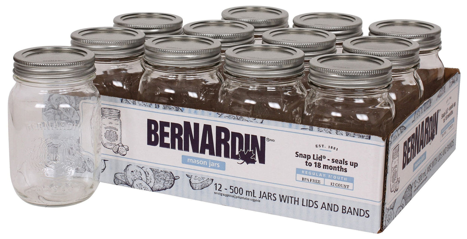 Regular Mouth Glass Mason Jars with Snap Lids, 500 mL, 12 Count O3N7 - product image 1