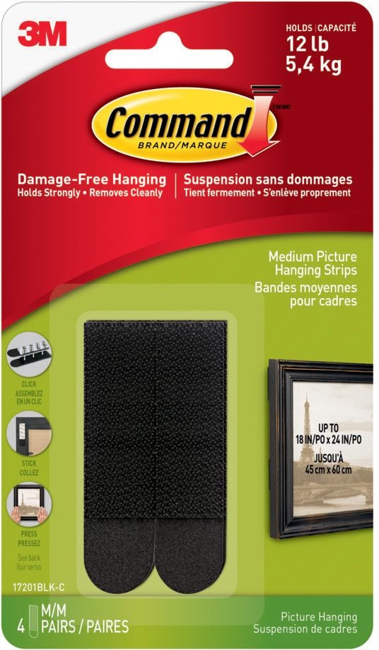 Medium Adhesive Picture Hanging Strips, Black, 12-lbs, 4 Strips Per Pack F1H0