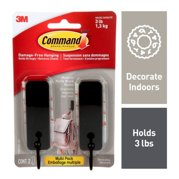Medium Decorative Hooks with Adhesive Strips, Matte Black, 3-lbs, 2 Strips per Pack K8D2