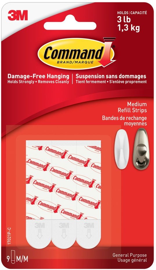 Medium General Purpose Refill Strips for Adhesive Hooks, White, 3-lbs, 9 Strips per Pack O9W9