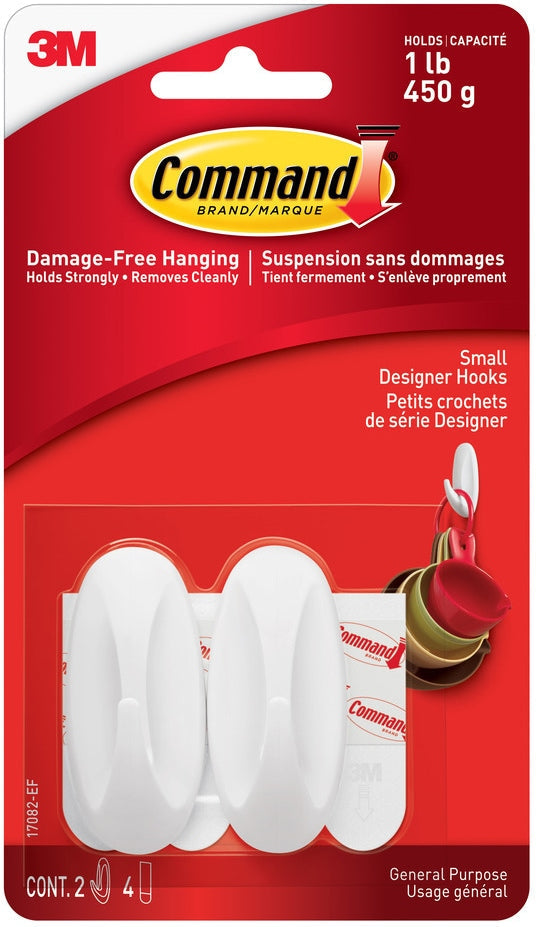 Small Designer Hooks with Adhesive Strips, White, 1-lb, 2 Strips per Pack J9B7
