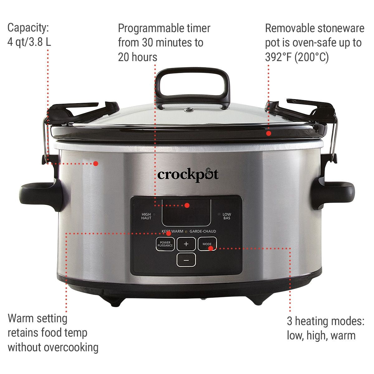Digital Programmable Slow Cooker with Locking Lid, Feeds 4 People & More, Stainless Steel, 4-qt L3U3 - product image 2