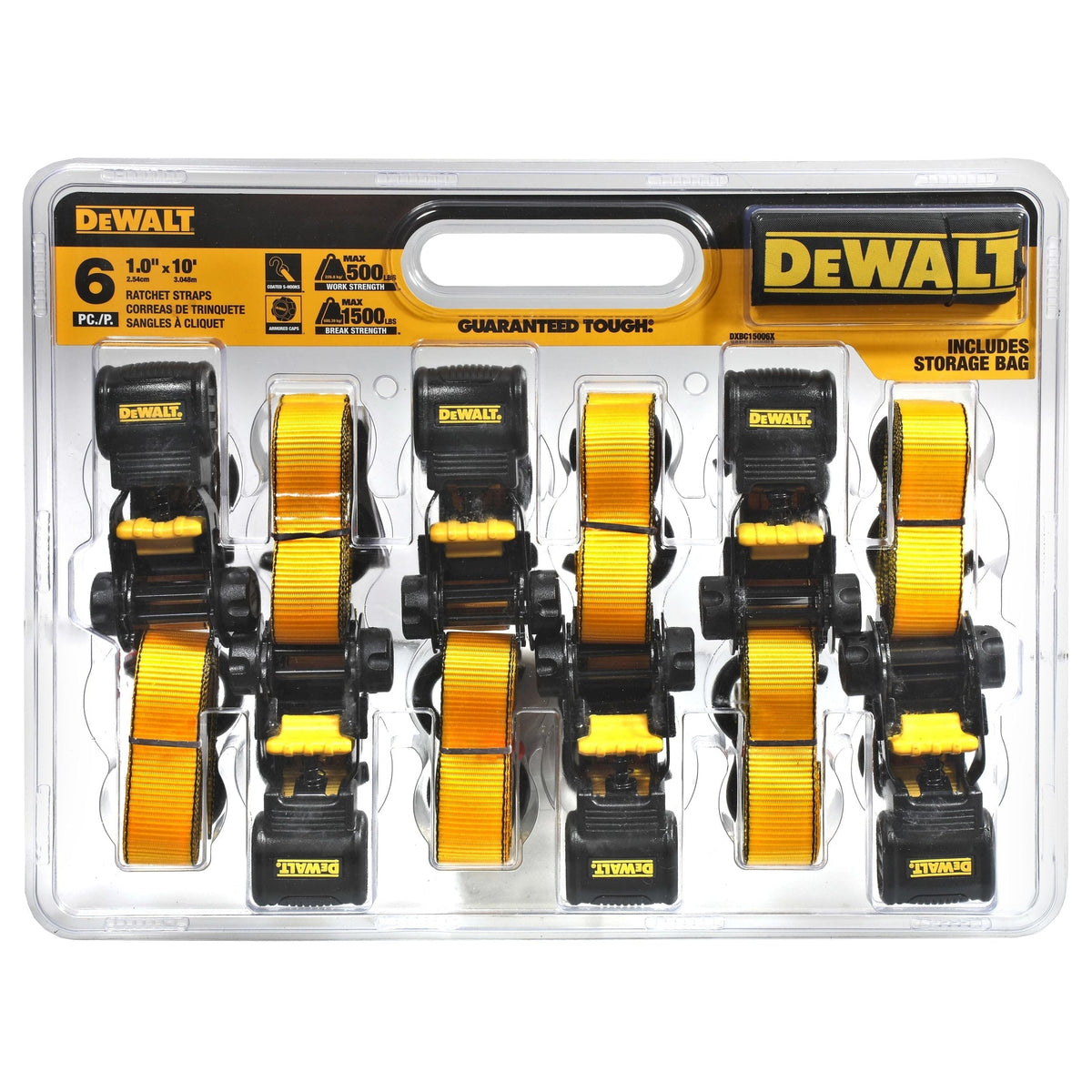 DXBC15006X 1,500-lb Ratchet Tie-Down, with Storage Bag, 1-in x 10-ft, 6-pk, Yellow U8A8 - product image 3