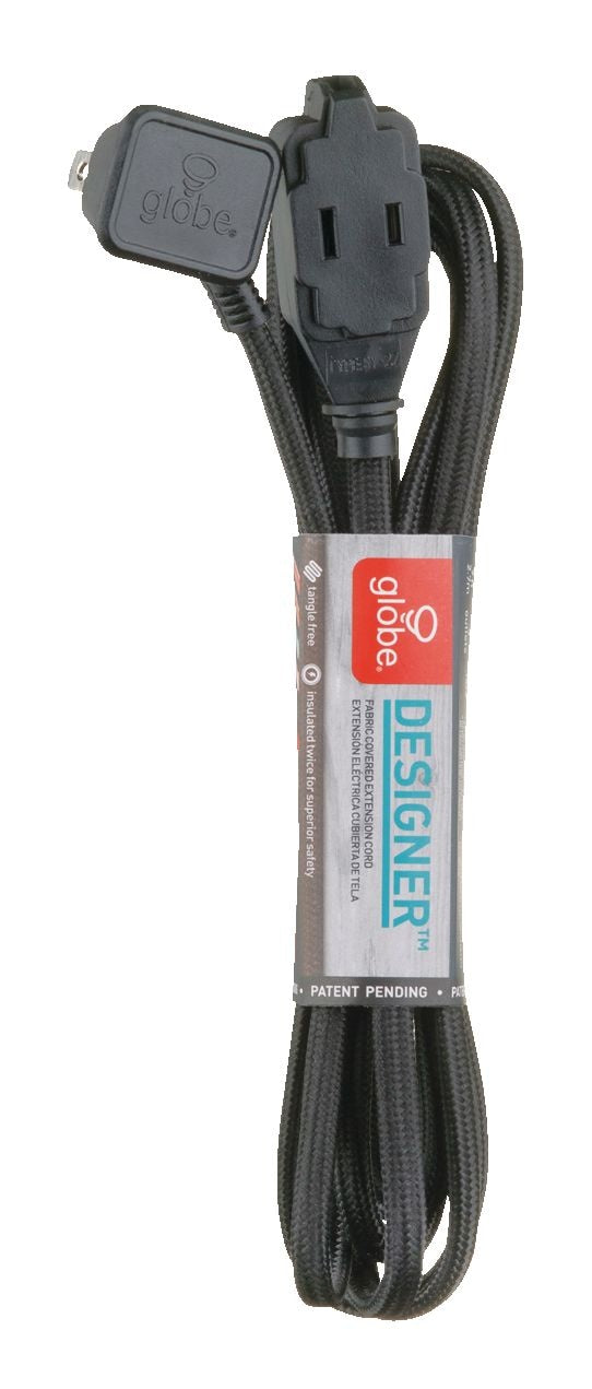 9-ft 16/2 Fabric Extension Cord, Right Angle Plug, 3 Outlets, Black I2U7 - product image 1