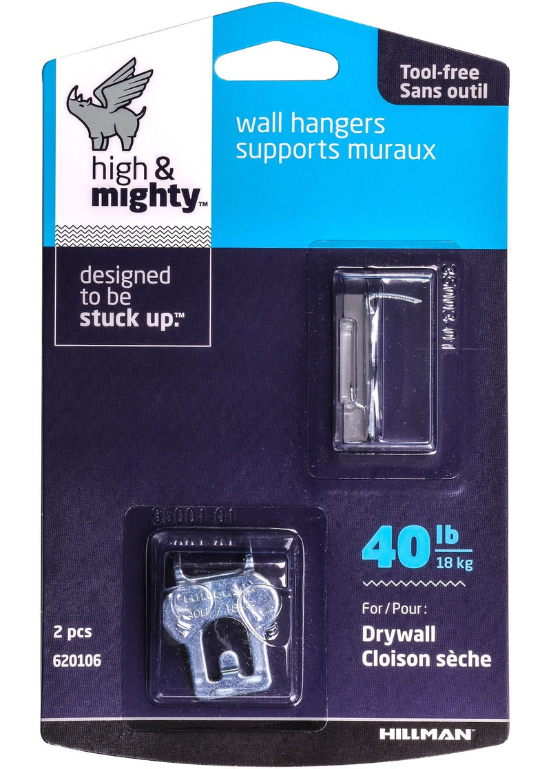 High & Mighty Canvas WAll Hanger, Easy to Remove, 40-lb Capacity, Silver, 2-pk T2P2