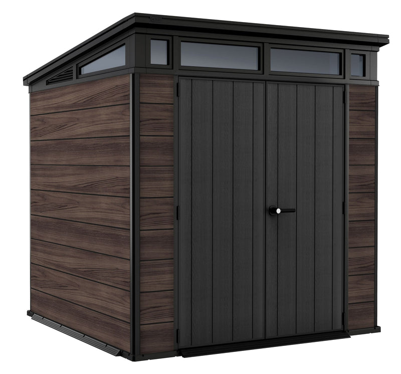 Pent Durable DecoCoat Lockable 2-Door Resin Outdoor Storage Shed with Windows, Brown, 7-ft x 7-ft I6T1