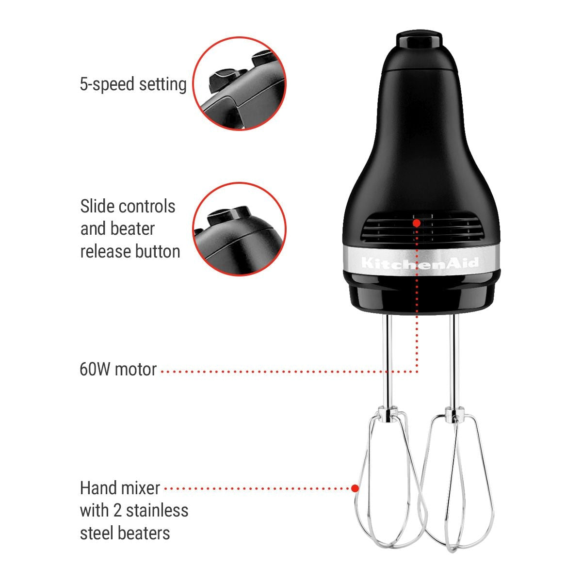Kitchen Aid Compact 5-Speed Hand Mixer with Stainless Steel Accessories, Black S5E6 - product image 3