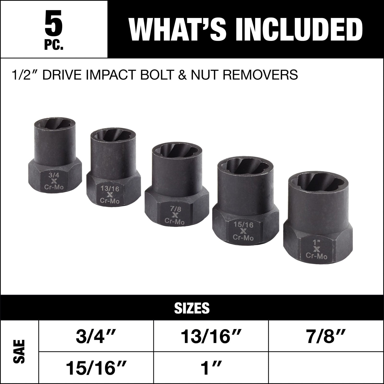 1/2-in Drive Impact Bolt & Nut Remover Set, 5-pc V9H2 - product image 3