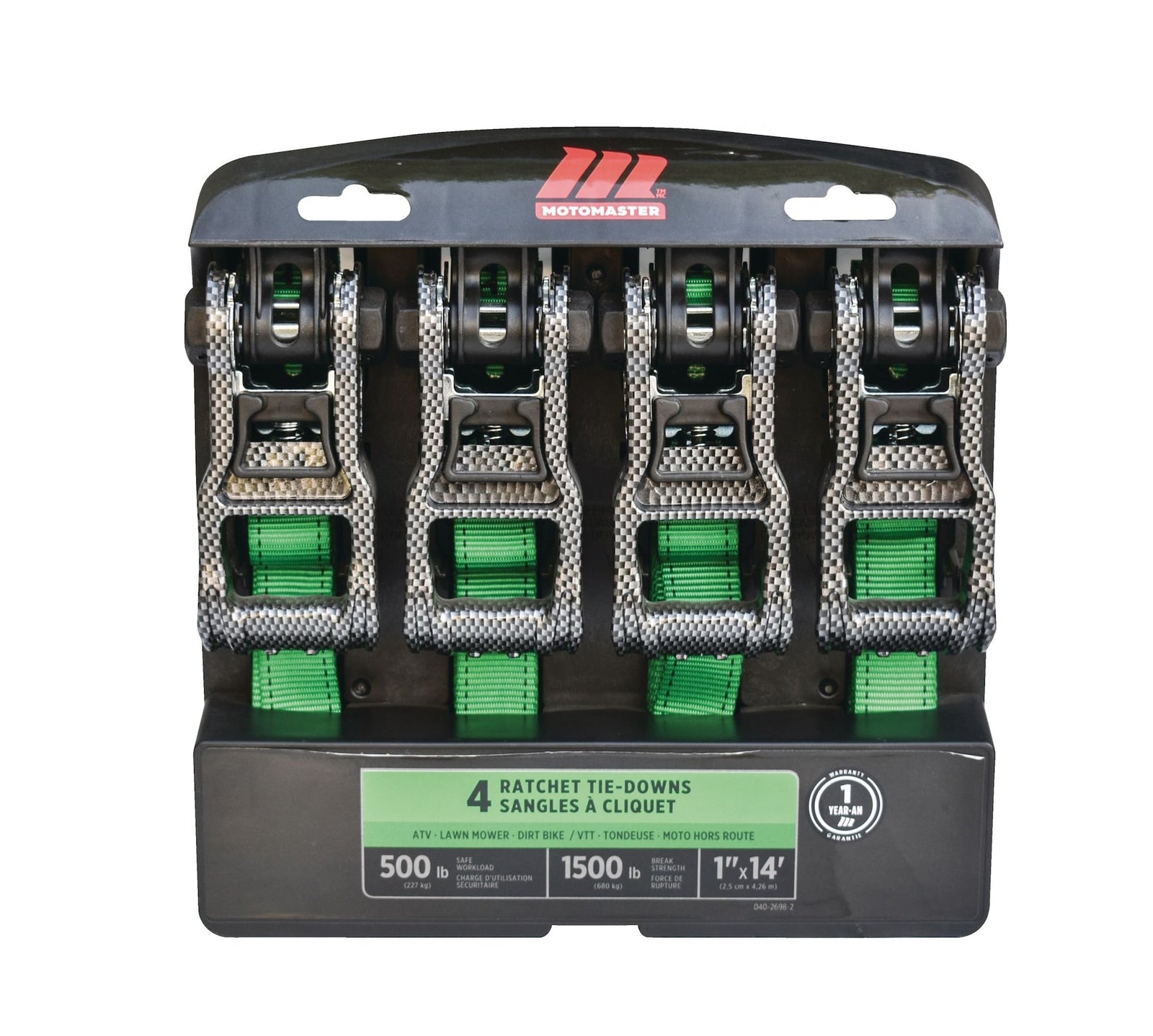 1,500-lb Carbon Ratchet Tie Downs, Weatherproof, 1-in x 14-ft, 4-pk, Green V9V6 - product image 1