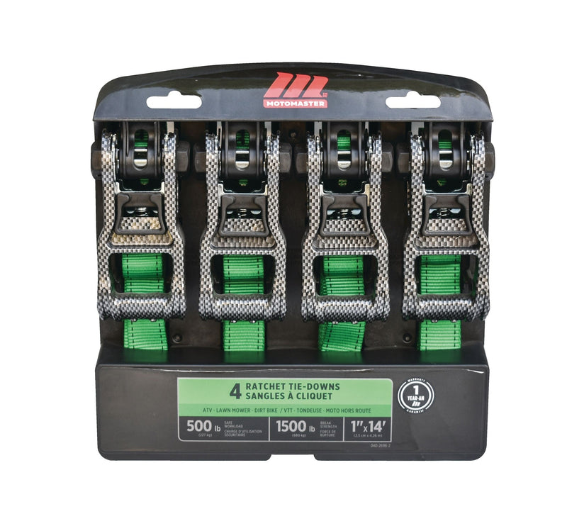 1,500-lb Carbon Ratchet Tie Downs, Weatherproof, 1-in x 14-ft, 4-pk, Green V9V6