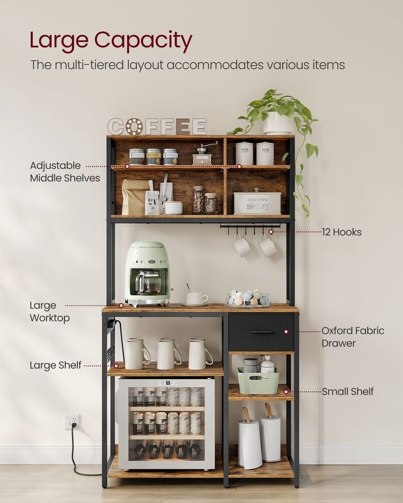 Home Brown Baker's Rack/Charging Station with Small Shelves A8B9