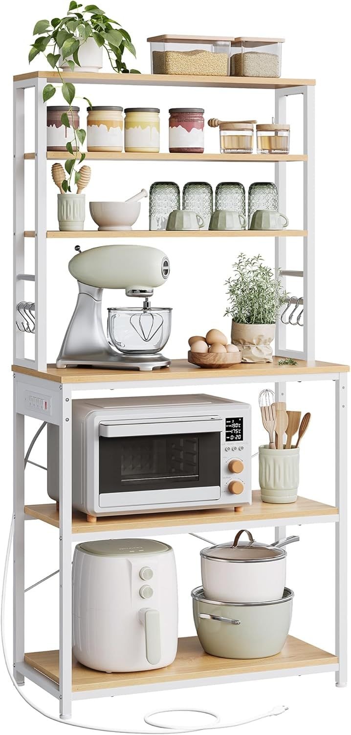 Home Oak/White Baker's Rack with 4 AC Outlets E4Y0 - product image 1