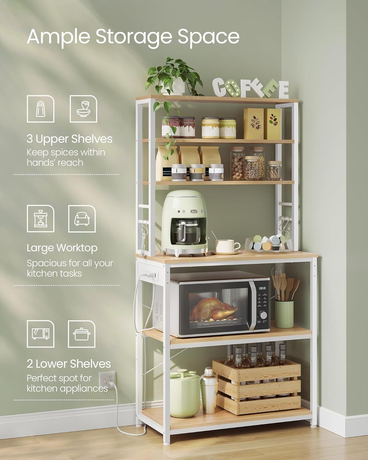 Home Oak/White Baker's Rack with 4 AC Outlets E4Y0 - product image 5