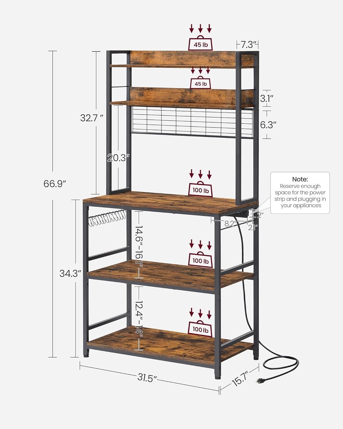 Home Rustic Brown Baker's Rack with Charging Station A2B1 - product image 8