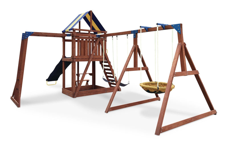 Grand Mesa Outdoor Wooden Play Centre, with Swings, Slide, Sandbox and More, Ages 5+ F0N4