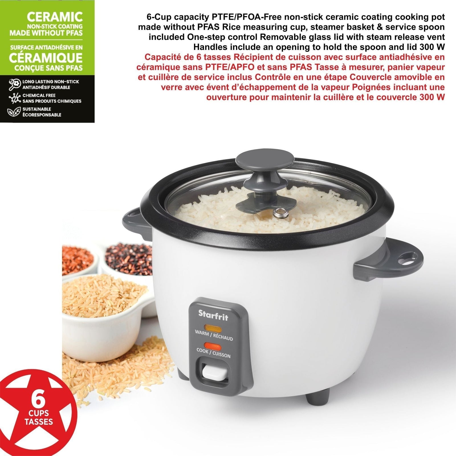 300W 6-Cup White Rice Cooker with Steam Basket A5W5 - product image 5