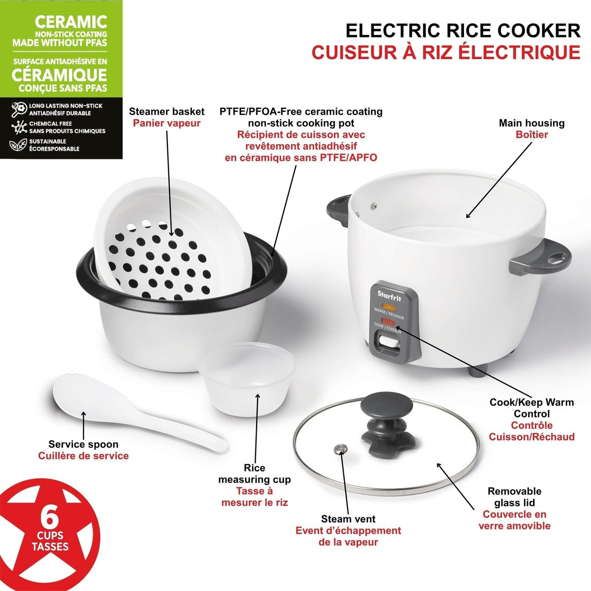 300W 6-Cup White Rice Cooker with Steam Basket T0E1 - product image 6
