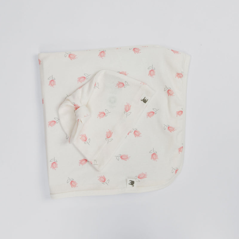 The Elk Baby Tulip Print Premium Organic Cotton Blanket and Beanie Set X9K5