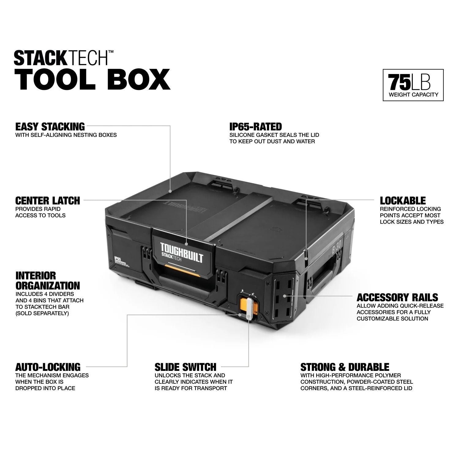 StackTech Top Portable Modular Plastic/Metal Tool Box with 4 Dividers and 4 Bins, IP65-Rated, Black B2P8 - product image 2