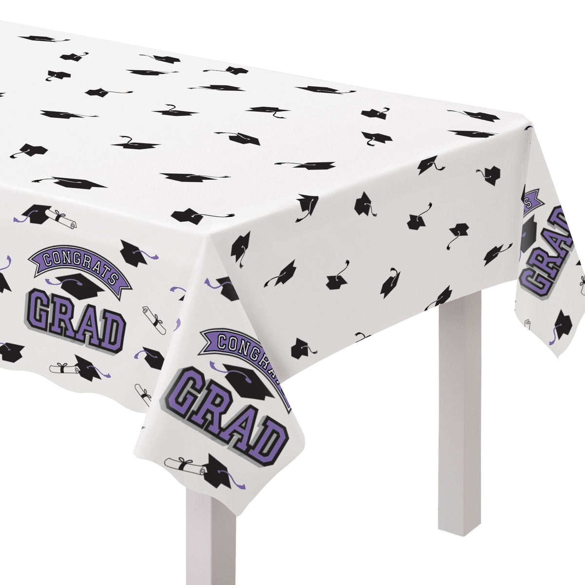 "Congrats Grad" Rectangle Plastic Reusable Table Cover, Purple, 54x84-in, for Graduation P9W1 - product image 1