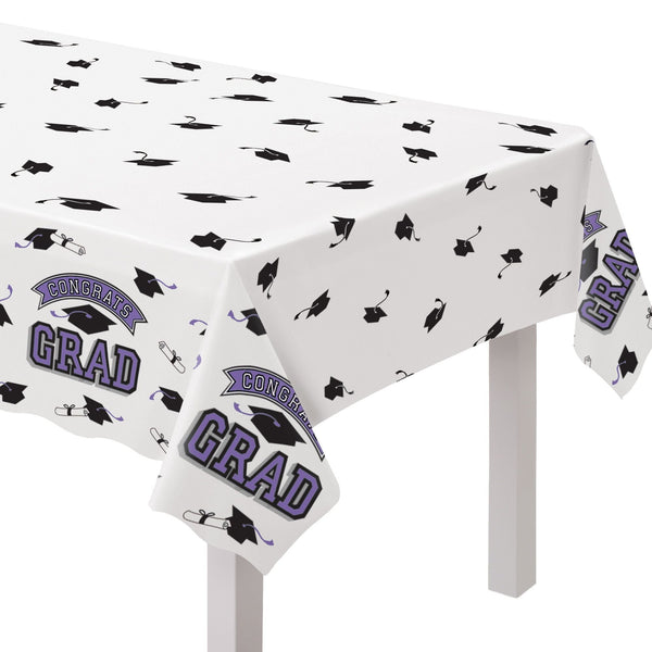 "Congrats Grad" Rectangle Plastic Reusable Table Cover, Purple, 54x84-in, for Graduation P9W1