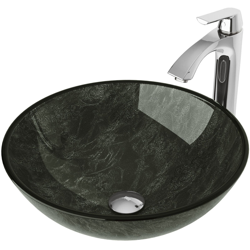 Glass Grey Onyx Bathroom Sink/Basin Set with Linus Faucet and Round Vessel G0D2