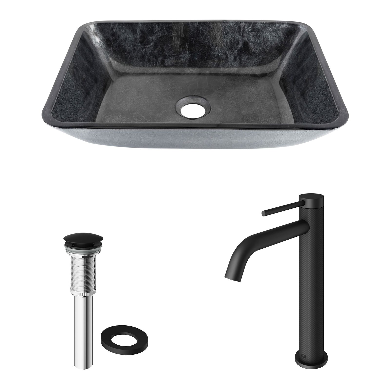 Glass Grey Onyx Bathroom Sink/Basin Set with Matte Black Lexington Faucet and Rectangular Vessel H0Z2 - product image 2