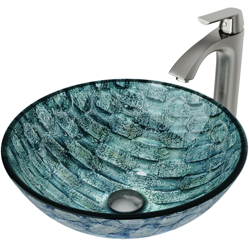 Glass Oceania Blue Bathroom Sink/Basin Set with Linus Faucet and Round Vessel X9O6