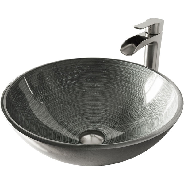 Glass Simply Silver Bathroom Sink/Basin Set with Niko Faucet and Round Vessel V0A2