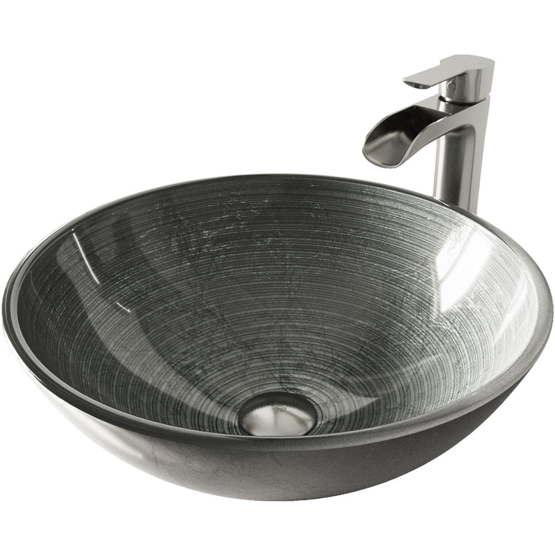 Glass Simply Silver Bathroom Sink/Basin Set with Niko Faucet and Round Vessel V0A2