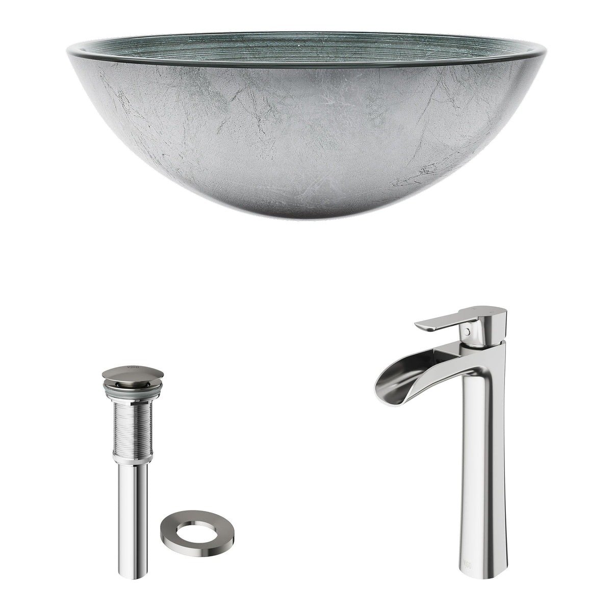 Glass Simply Silver Bathroom Sink/Basin Set with Niko Faucet and Round Vessel R7J5 - product image 2